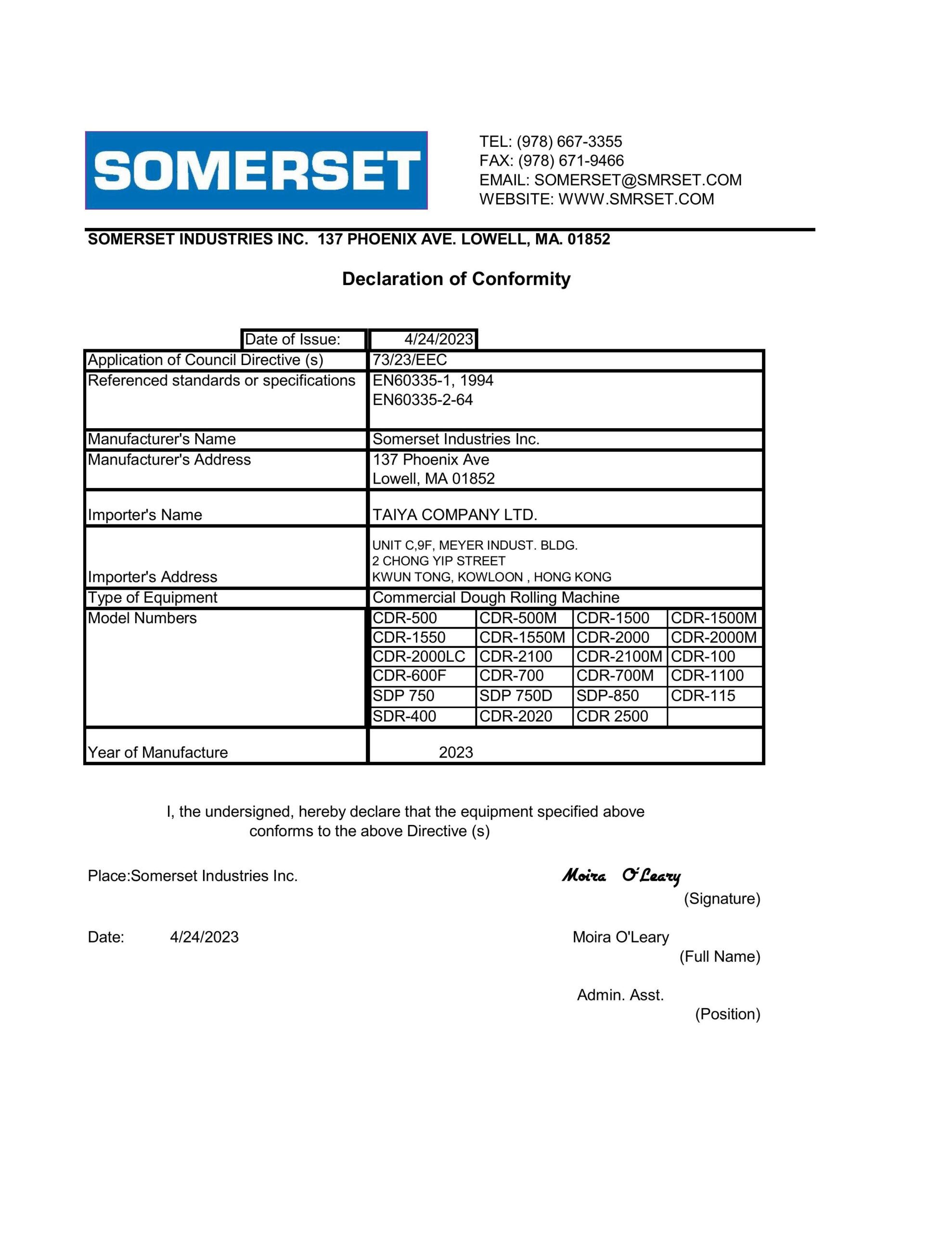 Somerset CE Declaration of Conformity