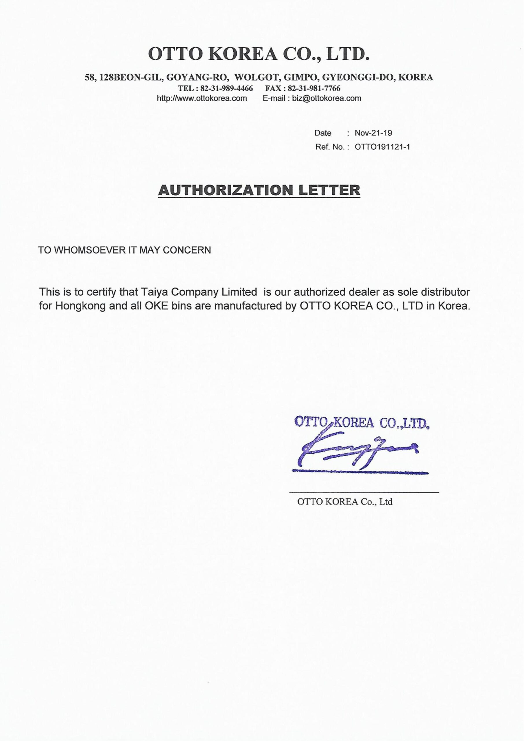 Otto Korea - Authorization Letter - Taiya Co Ltd