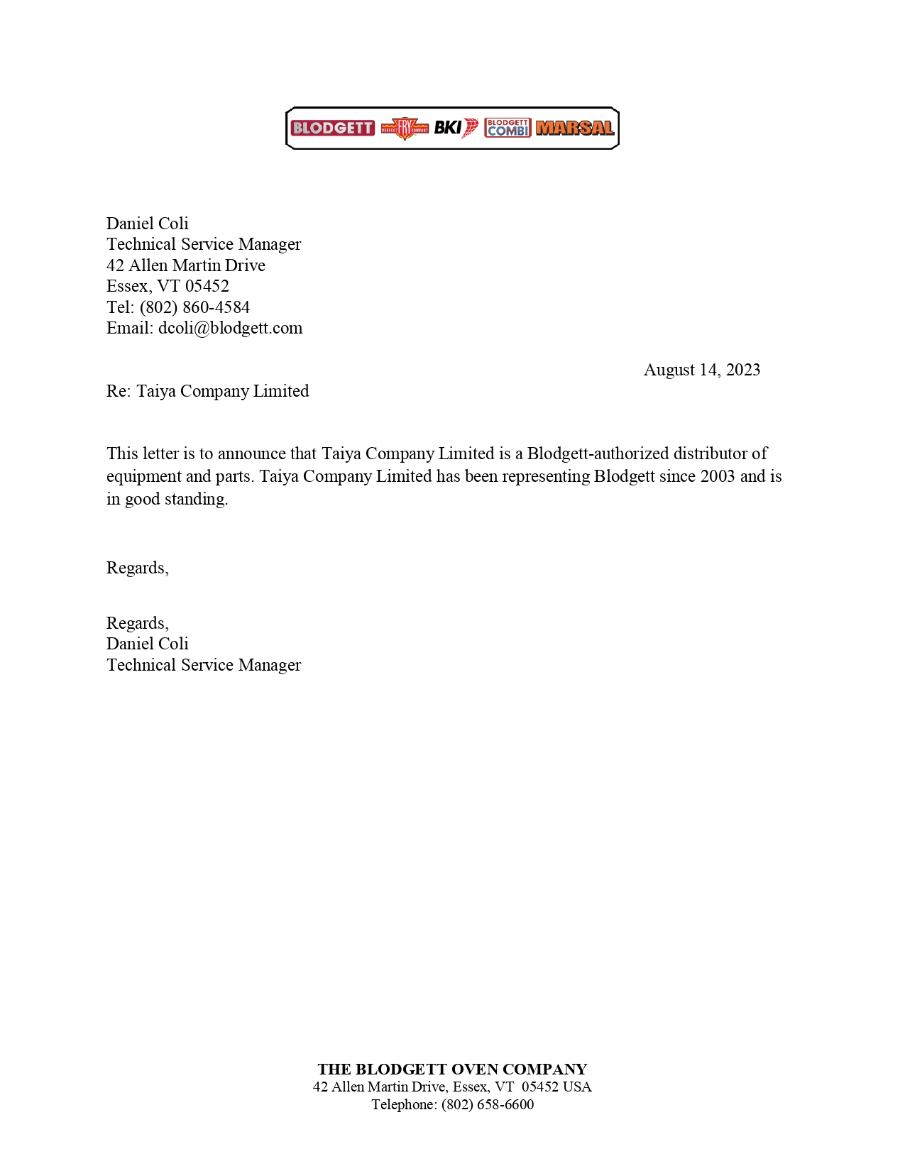 Blodgett Distributor Letter