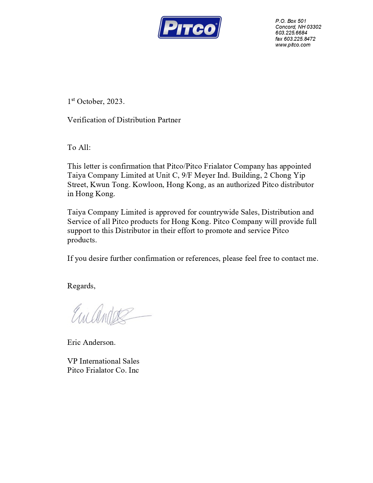 Pitco Distributor Letter